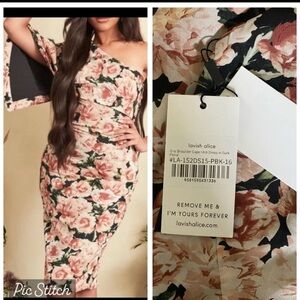 Lavish Alice Pink and Black Floral One-Shoulder Midi Dress US 12 UK 16
